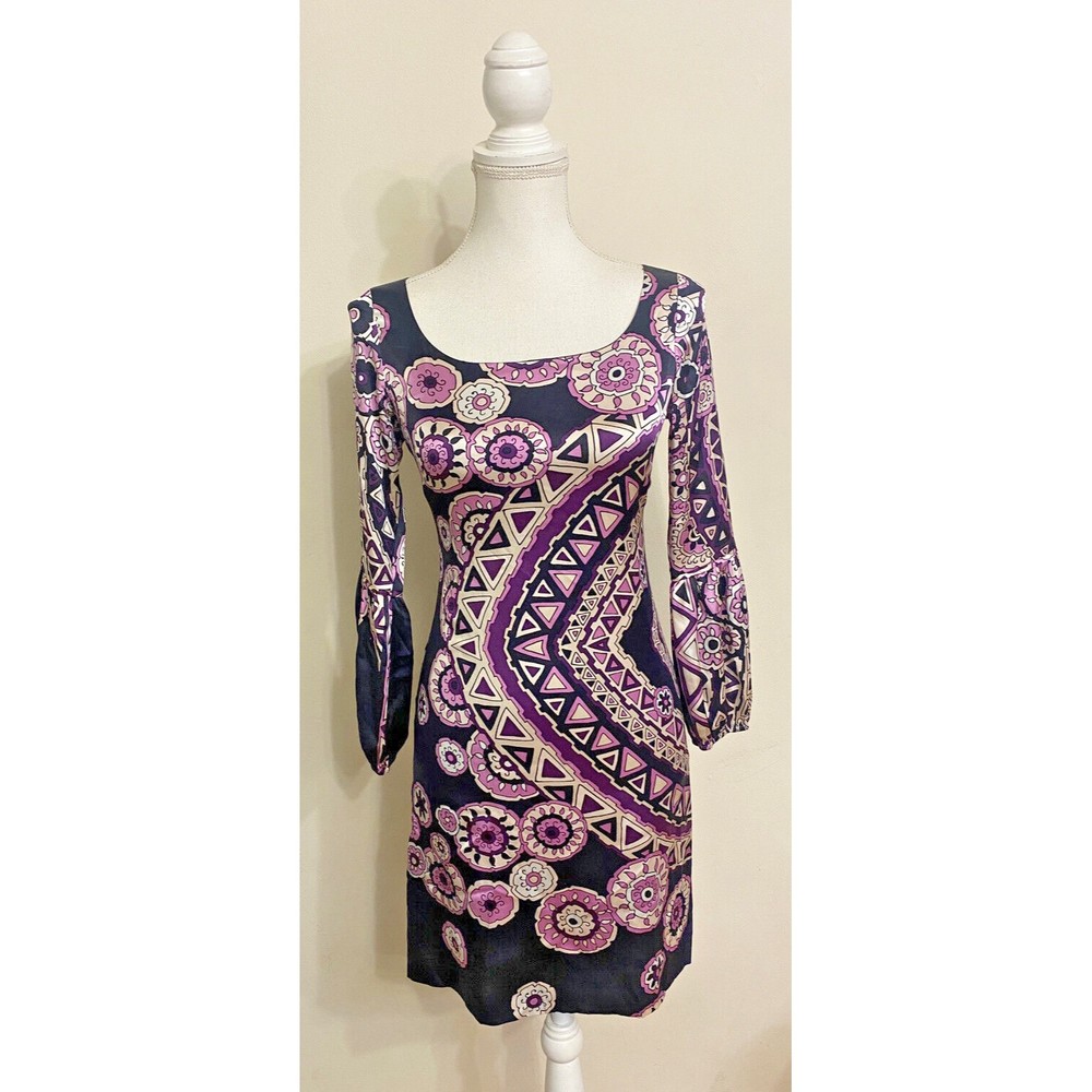 Julie Brown Purple Printed Silk Satin Dress Size 0 / XS / S Stunning $305 💜